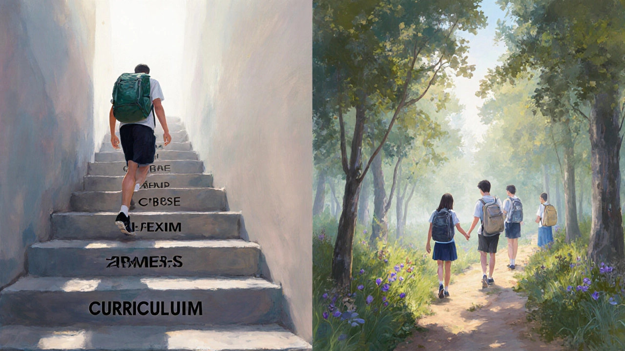 Two paths symbolizing education systems: one steep staircase under pressure, one winding trail with exploration.