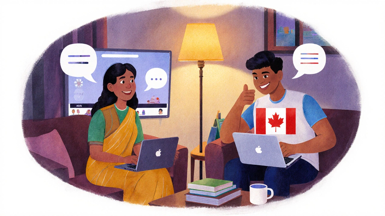 Two people video chatting across countries while practicing English in a cozy room.