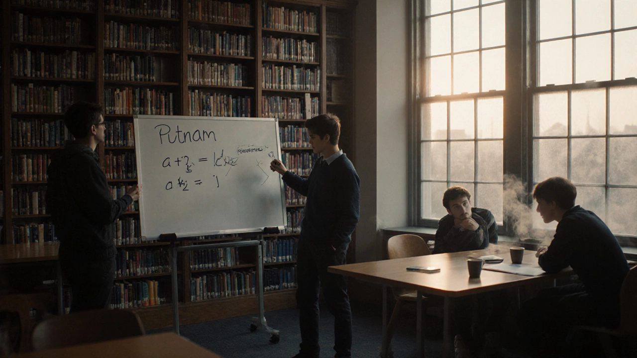 Young mathematicians in a library at dawn, contemplating unsolved problems on whiteboards and glass windows.