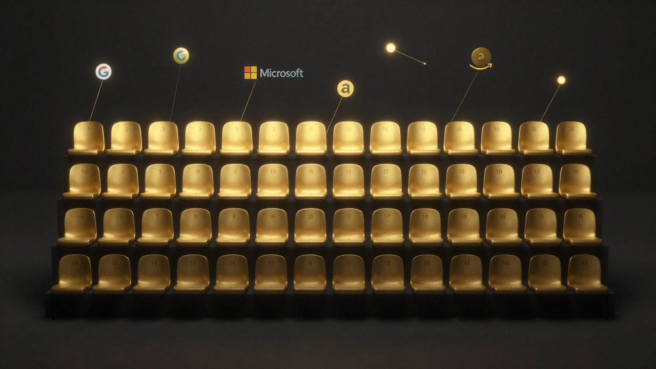 145 golden seats, the first 82 glowing, with tech company logos floating above them.