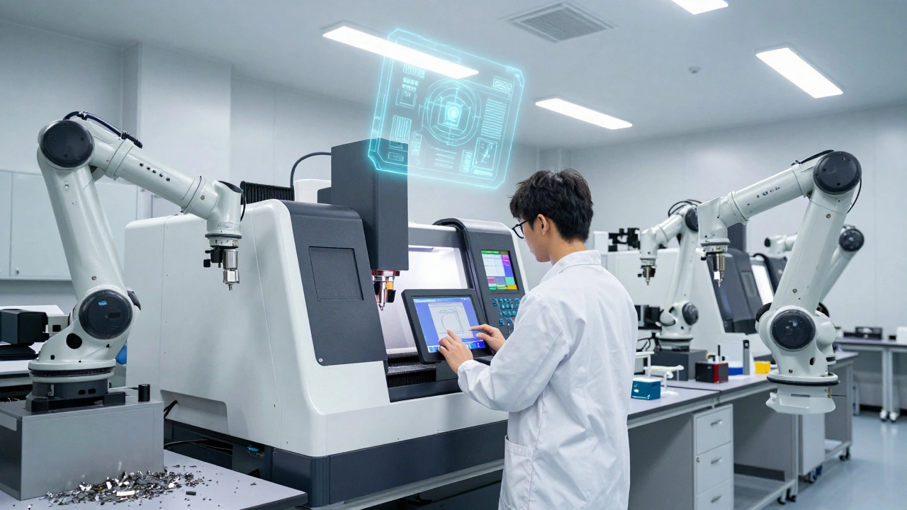 A student operating a CNC machine in a high-tech technical college lab.