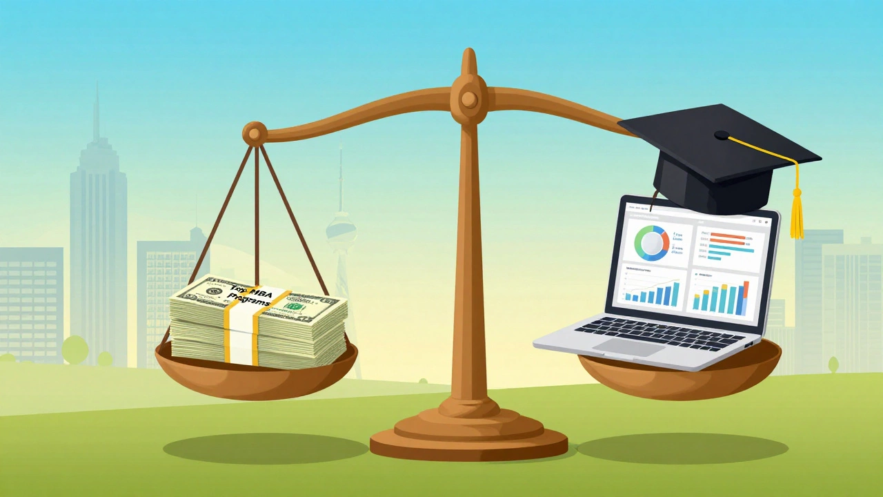 Balance scale comparing MBA school prestige with industry and specialization, showing salary determinants beyond rankings.