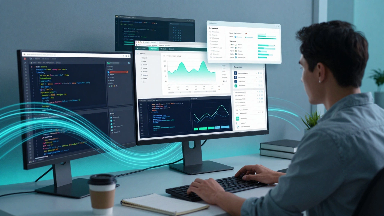 Data analyst working with multiple dashboards showing sales trends and live data visualizations.