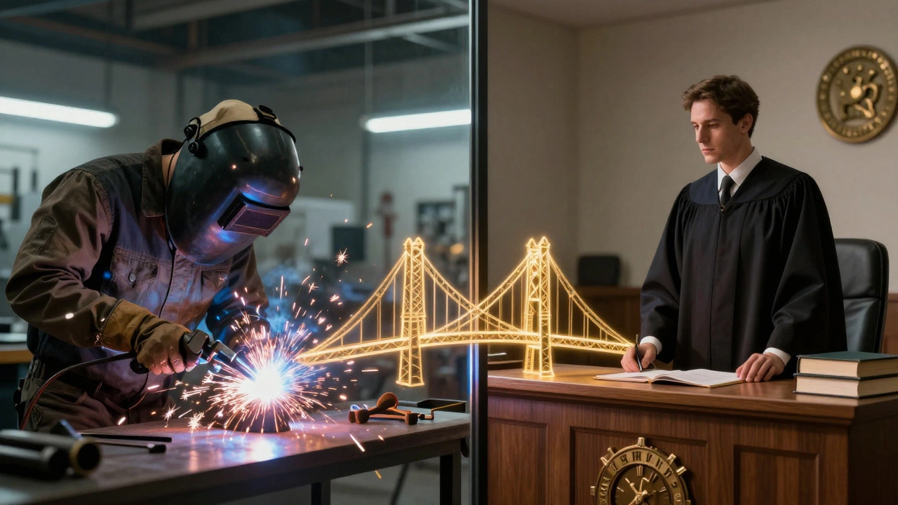 Double-sided mirror showing welder and lawyer connected by a bridge of tools and books.