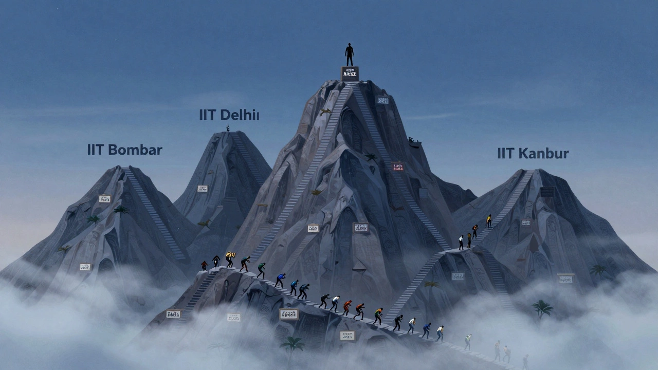 Four mountain peaks representing top IITs, with IIT Bombay at the summit marked by AIR 82.