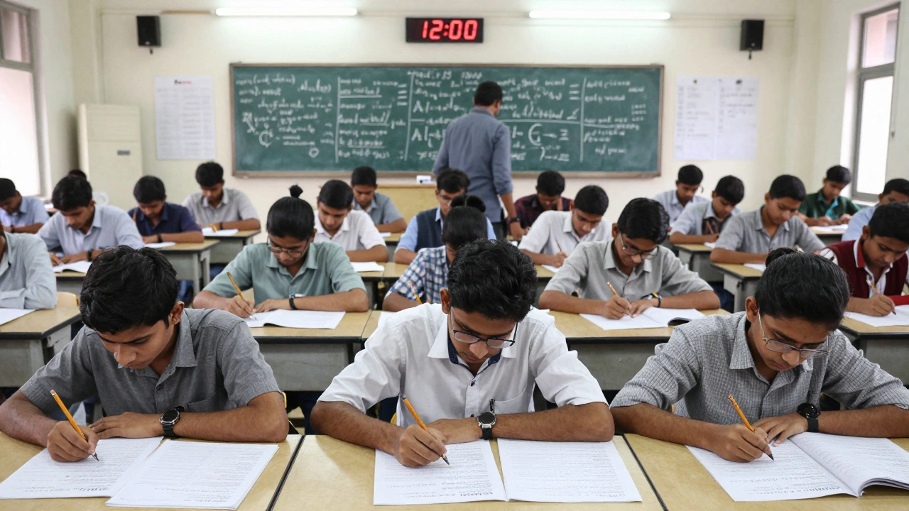 Hundreds of students taking a high-stakes CBSE exam under fluorescent lights with a countdown timer.