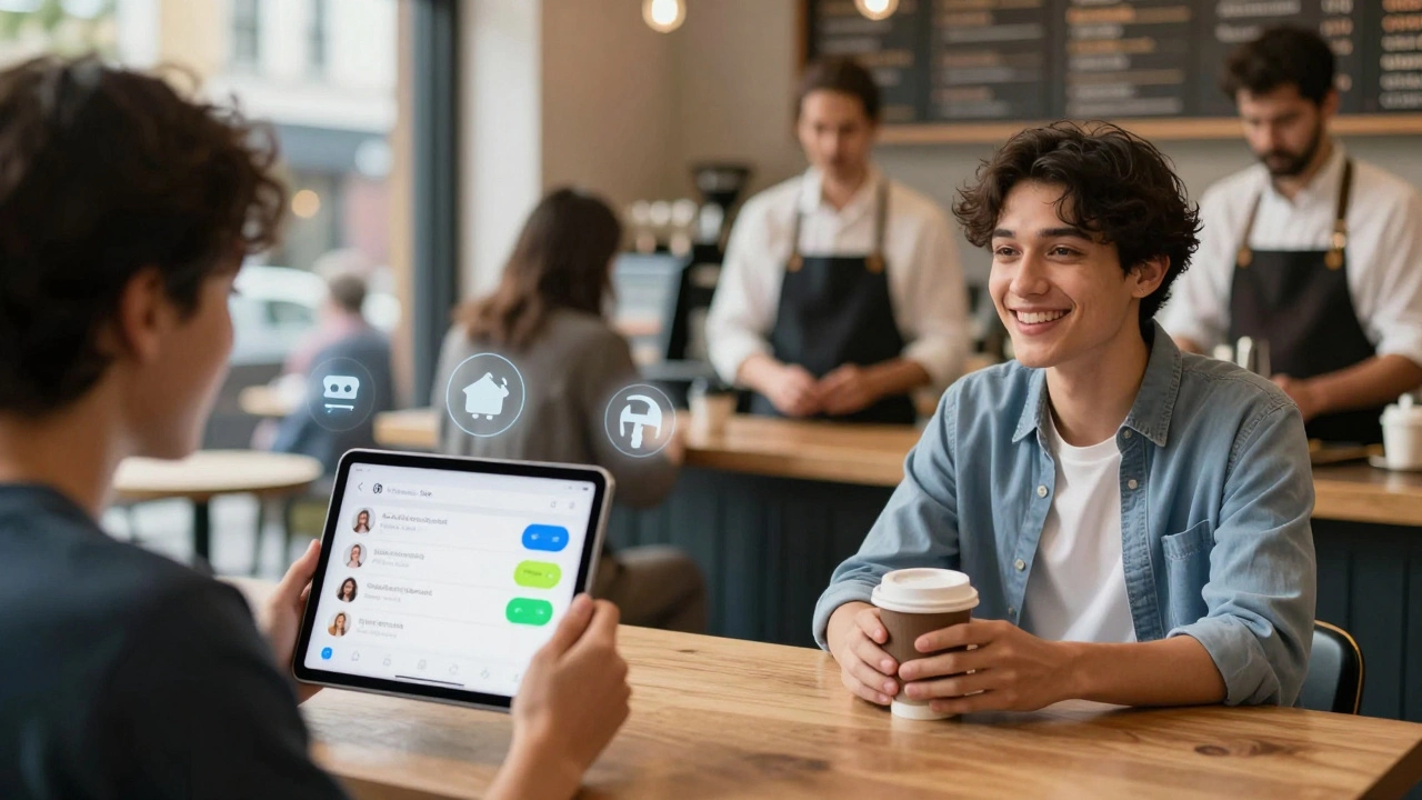 Learner ordering coffee in a London café after practicing with an app, smiling at the barista.