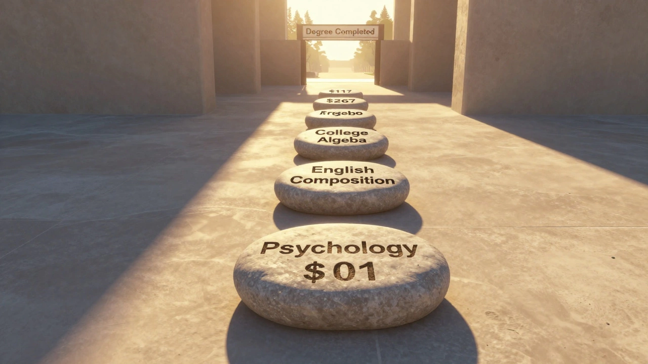 Path of affordable course stones leading to a university gate, symbolizing affordable degree progression.