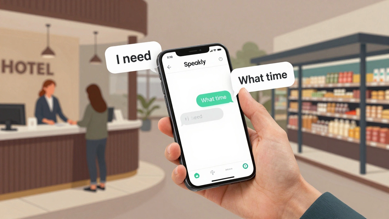 Smartphone showing common English phrases with daily life scenes around it.