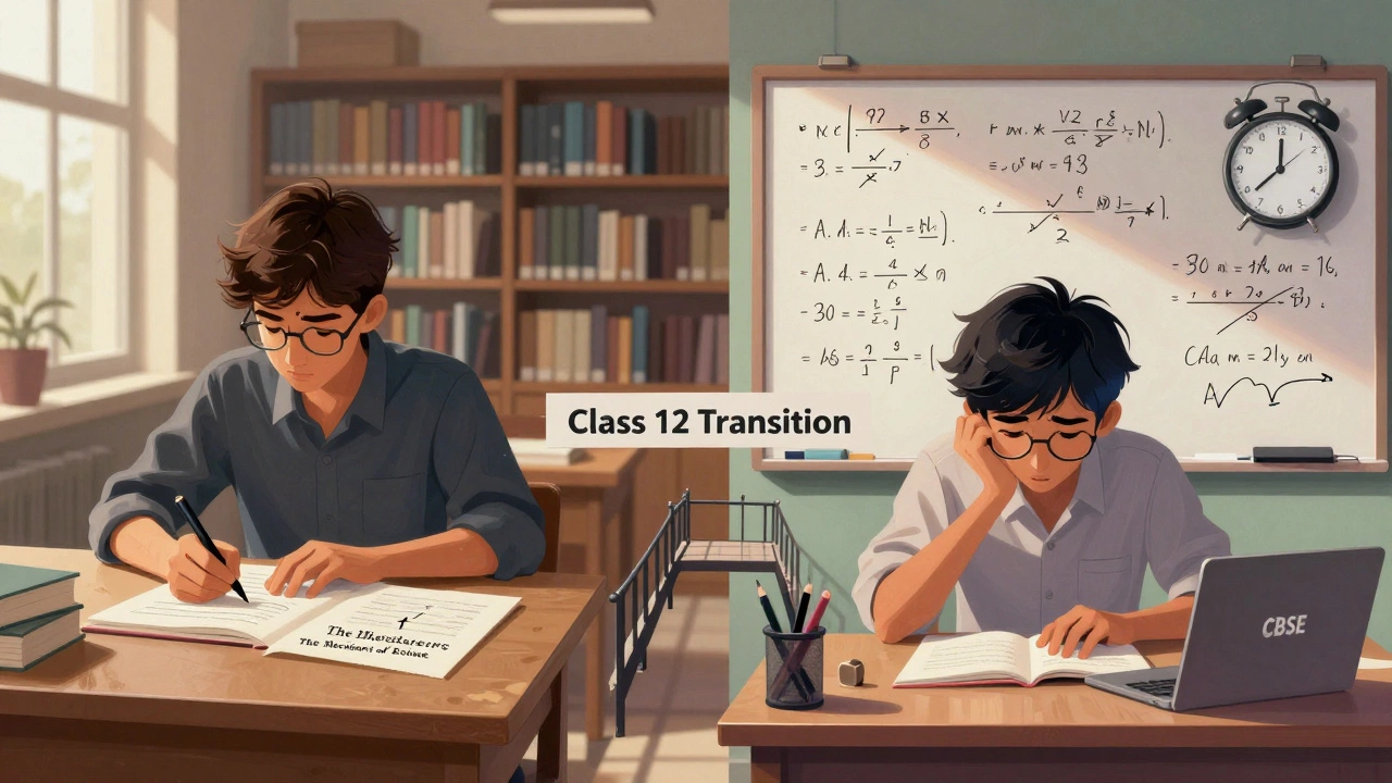 Split image: one student analyzing literature, another solving math problems—symbolizing ICSE and CBSE differences.