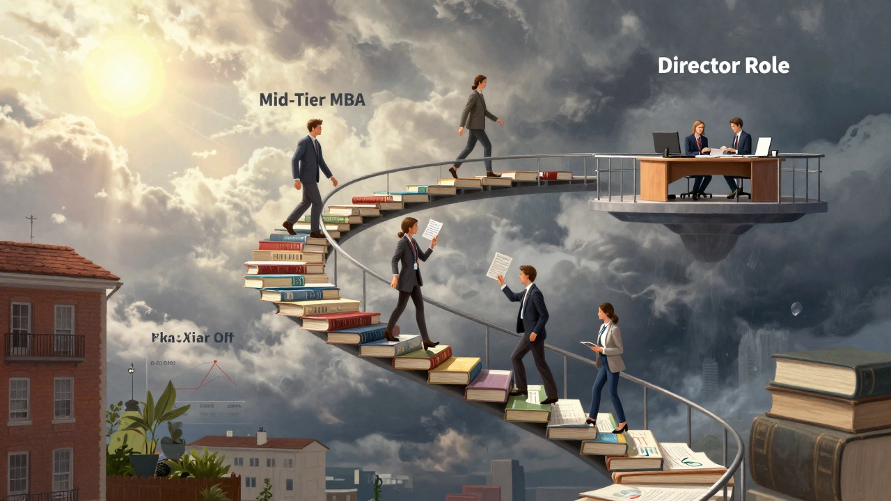 Staircase of business charts leading from modest beginnings to executive success, illustrating long-term career growth after an MBA.