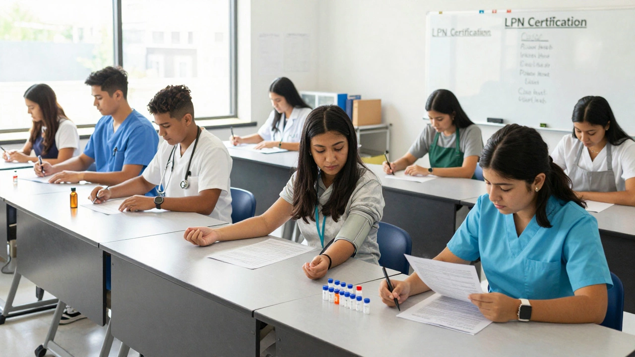 Students practicing medical assisting skills in a bright community college classroom.