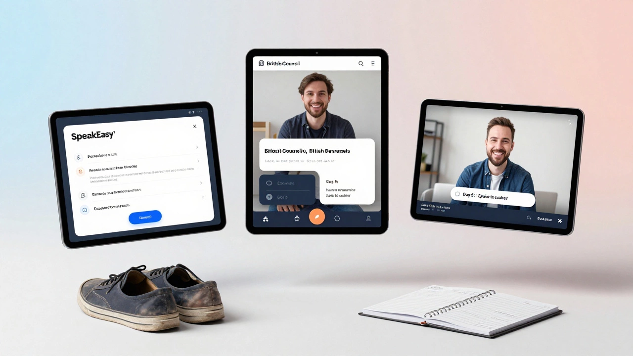 Three English learning apps floating above a planner marked &#039;Day 5: Spoke to cashier&#039;.