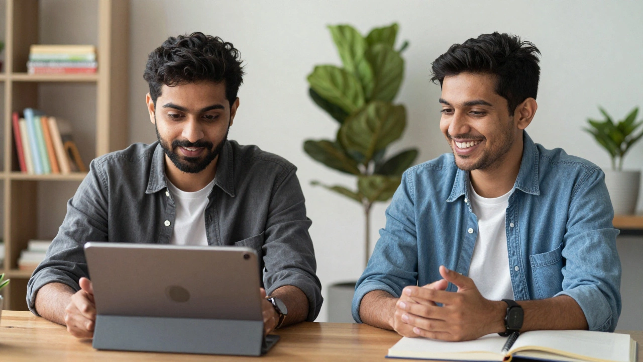 Two people video chatting naturally while using an English learning app.