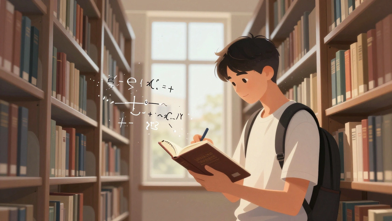 University student studying in a library surrounded by books and abstract intellectual symbols.