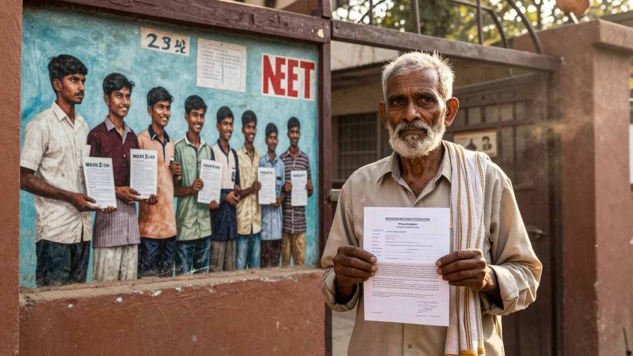 A man in his 30s holding a medical college admission letter outside a gate, expression filled with quiet triumph.