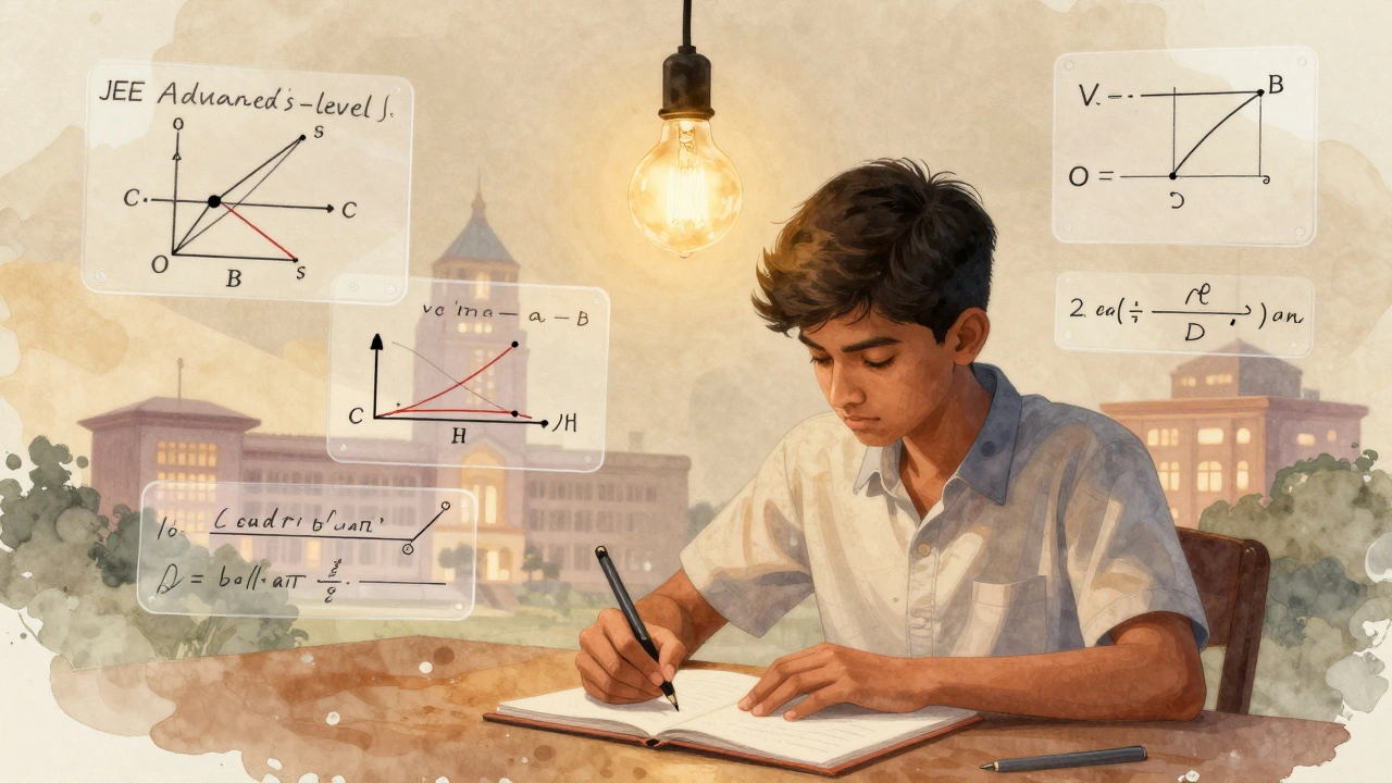 A young Indian student solves complex physics problems under a dim bulb, with floating equations and IIT buildings in the background.