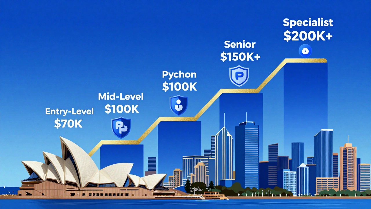 Career progression ladder in tech with skill icons rising above Australian city skylines.