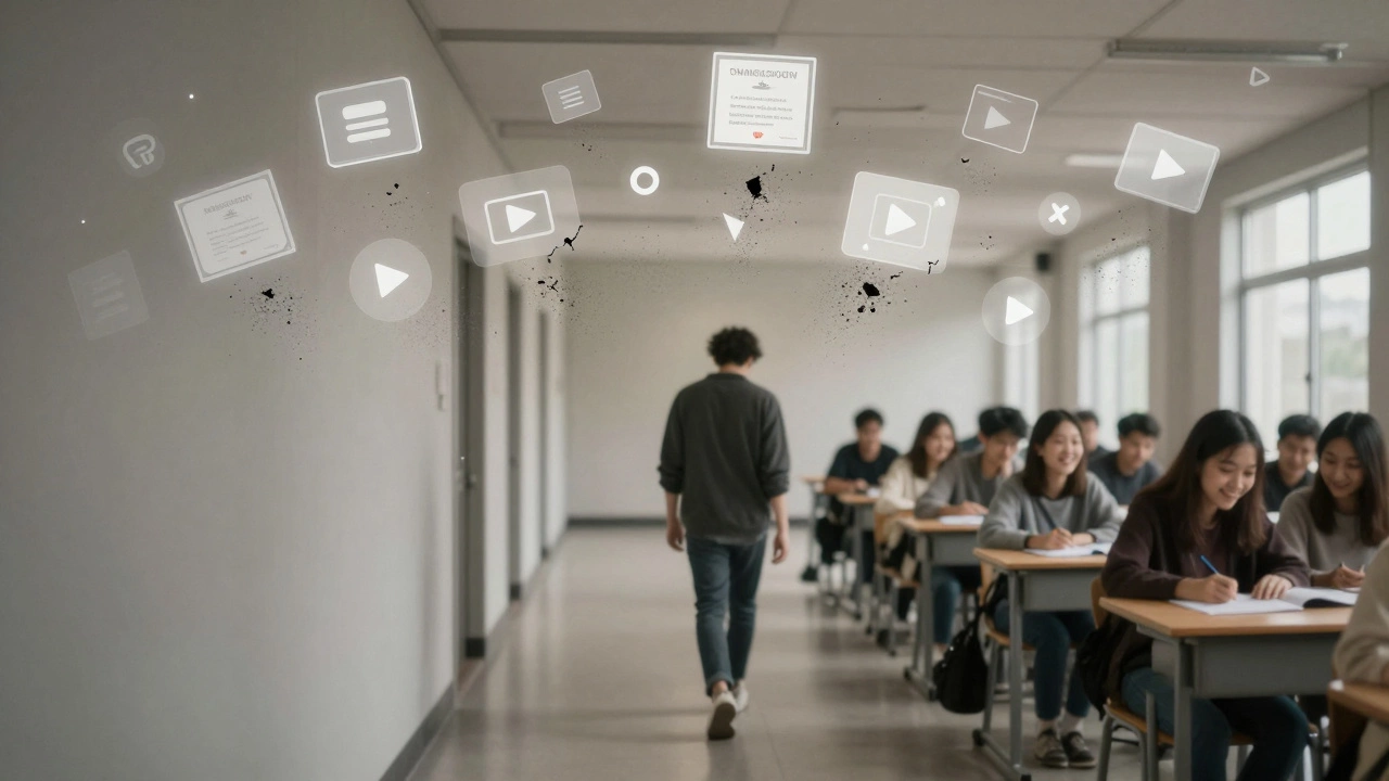 Digital course icons disintegrating as a person walks away from virtual learning toward a real classroom.