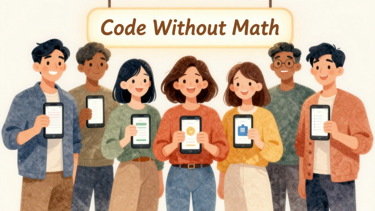 Diverse people holding devices showing simple apps they built without math.