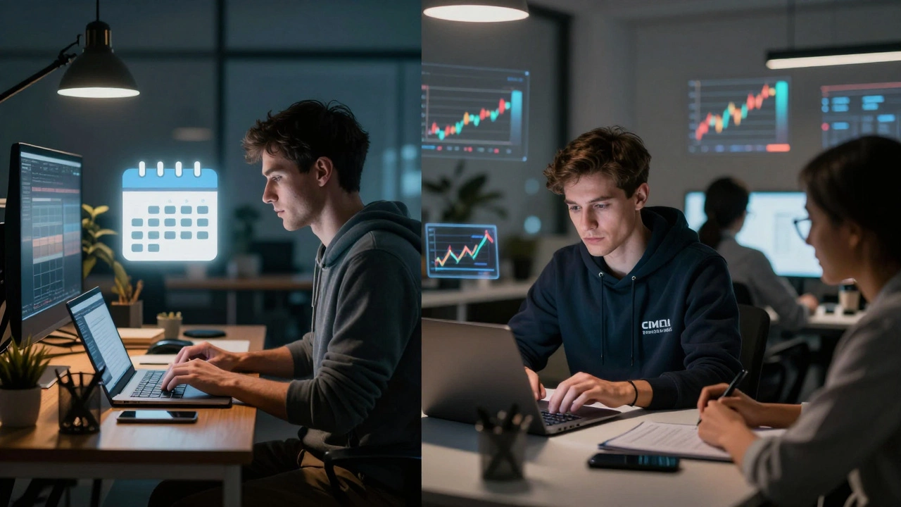 Freelancer vs corporate developer: contrasting work environments showing income potential.