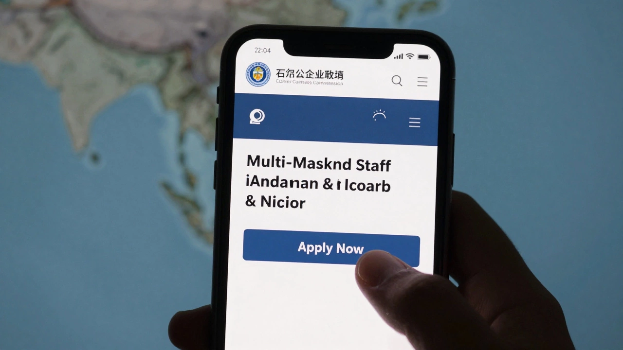 Hand pointing at a low-applicant government job posting on a smartphone screen.