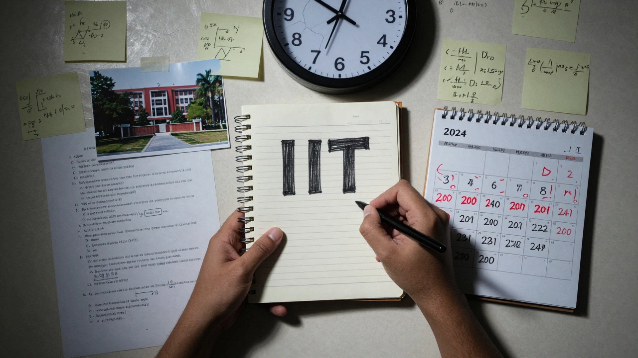 Hands writing in a notebook marked 'IIT', surrounded by a calendar with 300+ days marked off and sticky notes full of formulas.