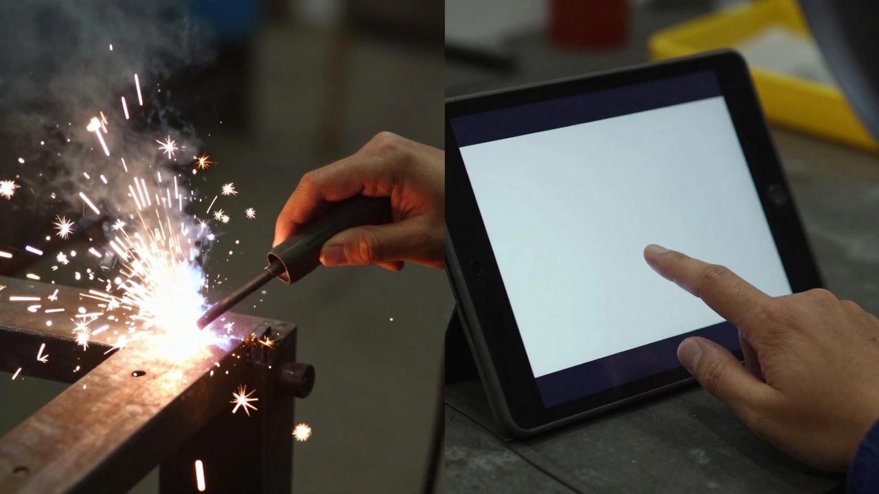 Side-by-side comparison of hands-on welding versus watching a tutorial on a tablet.