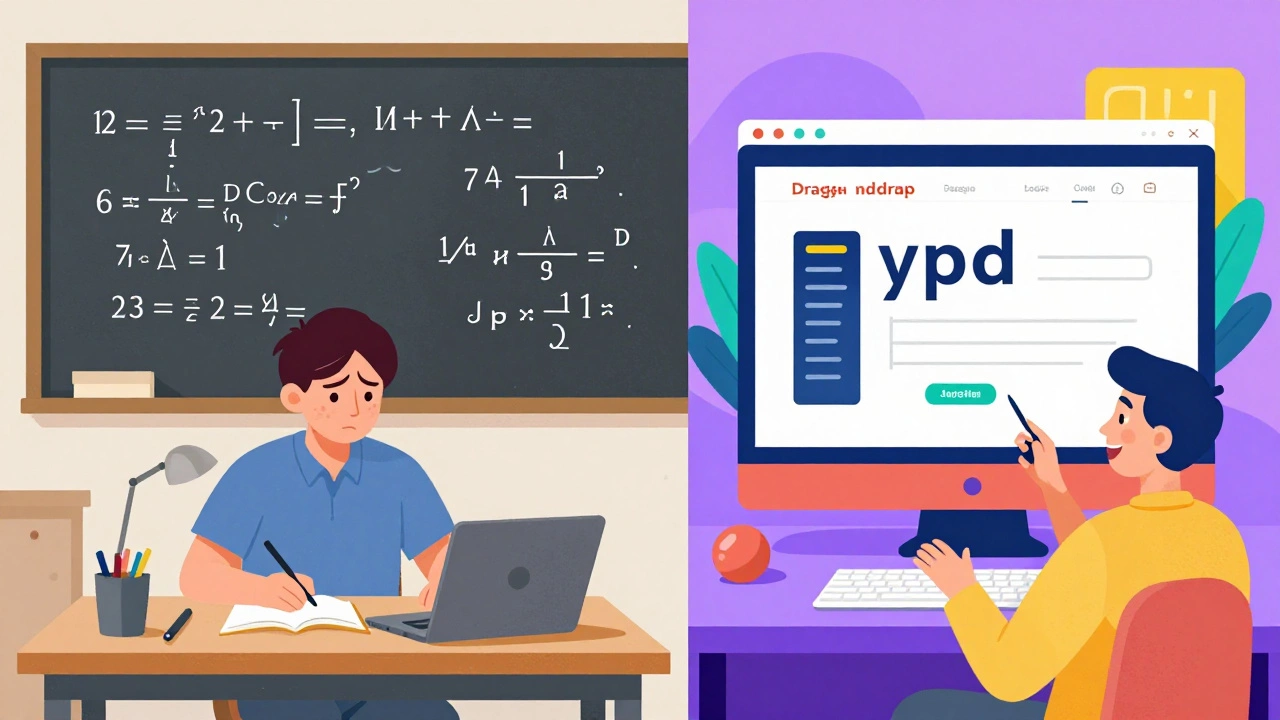 Split image: frustrated math student vs. happy coder building a website.