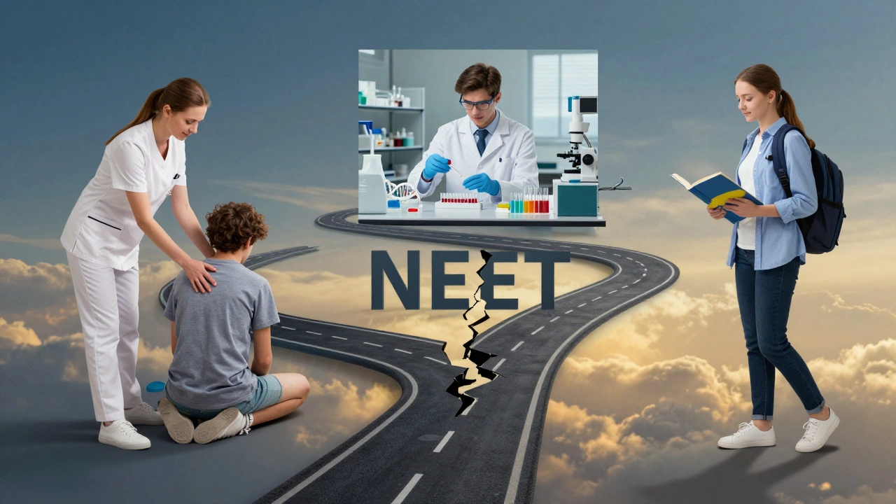 Three alternative healthcare careers — physiotherapy, biotech research, and studying abroad — connected by a path diverging from a broken NEET symbol.