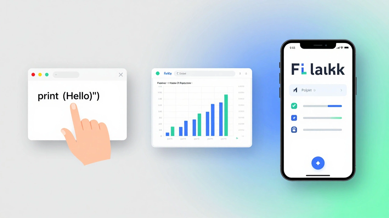 Three stages of Python learning: basic code, data chart, and web app displayed side by side.