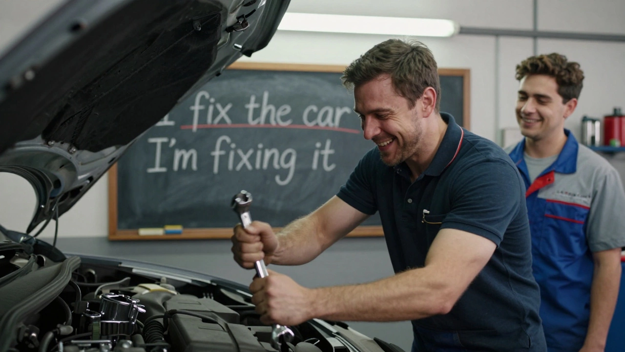 A mechanic speaking English with a coworker while working on a car.