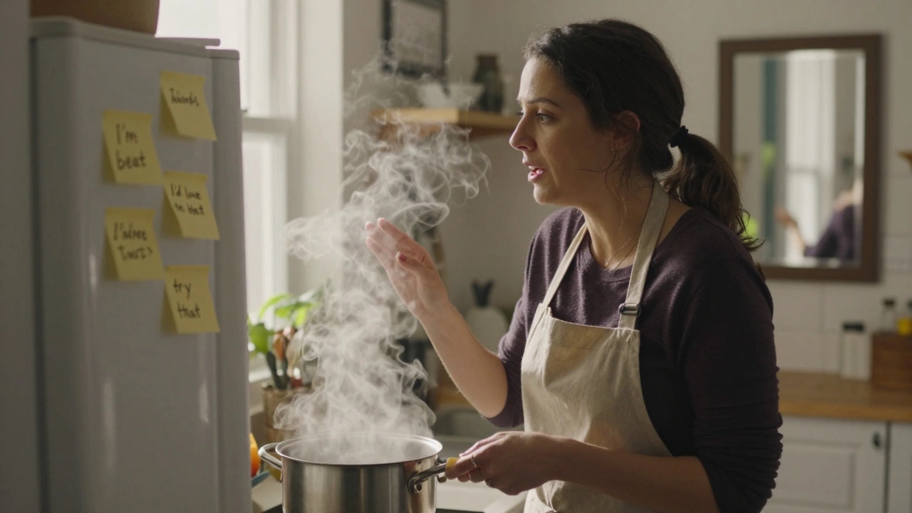 A woman talking to herself in the kitchen with English phrases on sticky notes.