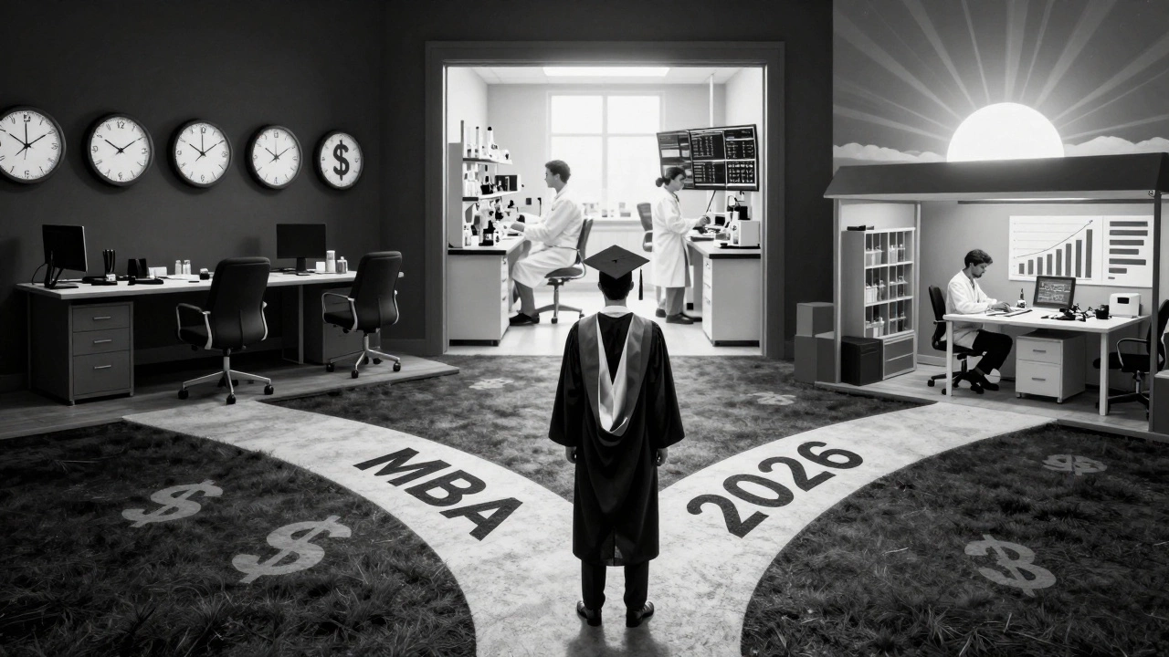 An MBA graduate at a crossroads symbolizing career paths in private equity, healthcare, and startups under dramatic lighting.