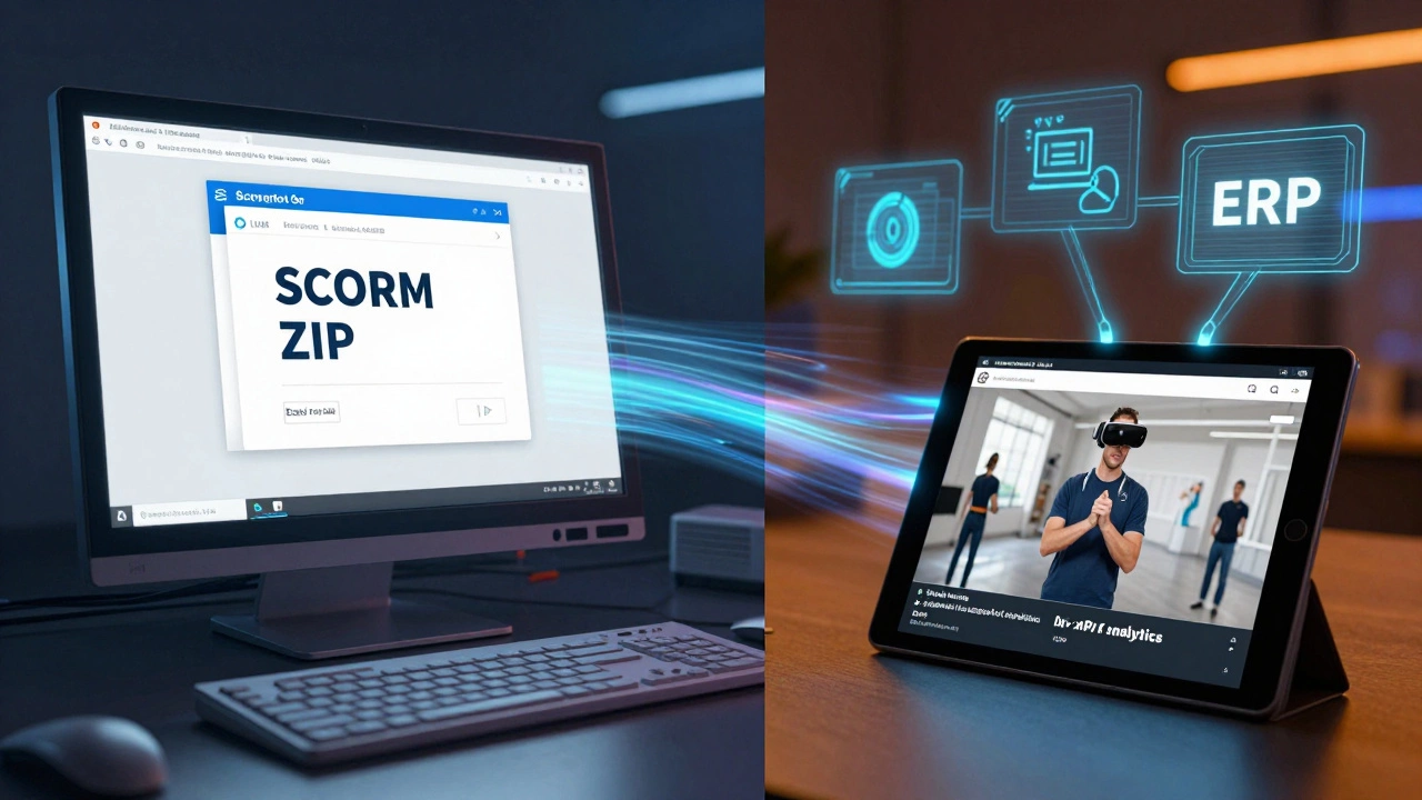 Comparison of old SCORM upload versus modern xAPI tracking of real-world learning activities.