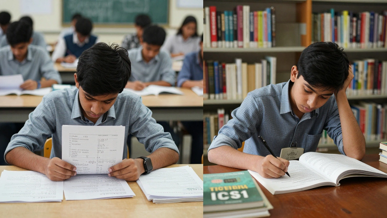 Contrasting CBSE coaching center with ICSE library study, showing different learning approaches.