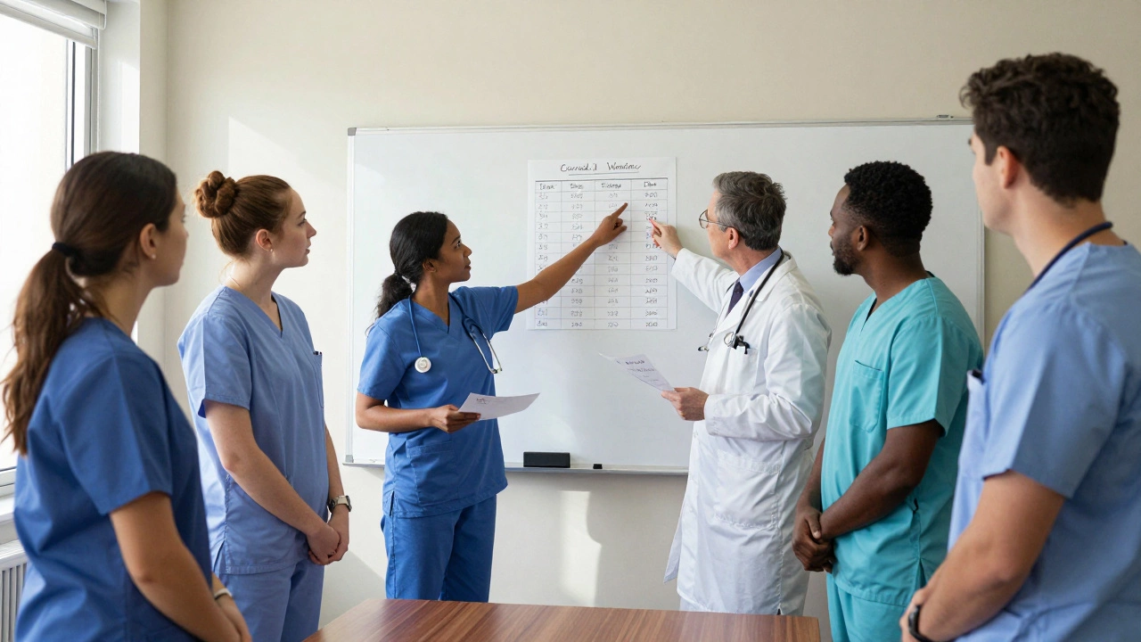 International doctors reviewing salary data on a whiteboard in a hospital conference room.