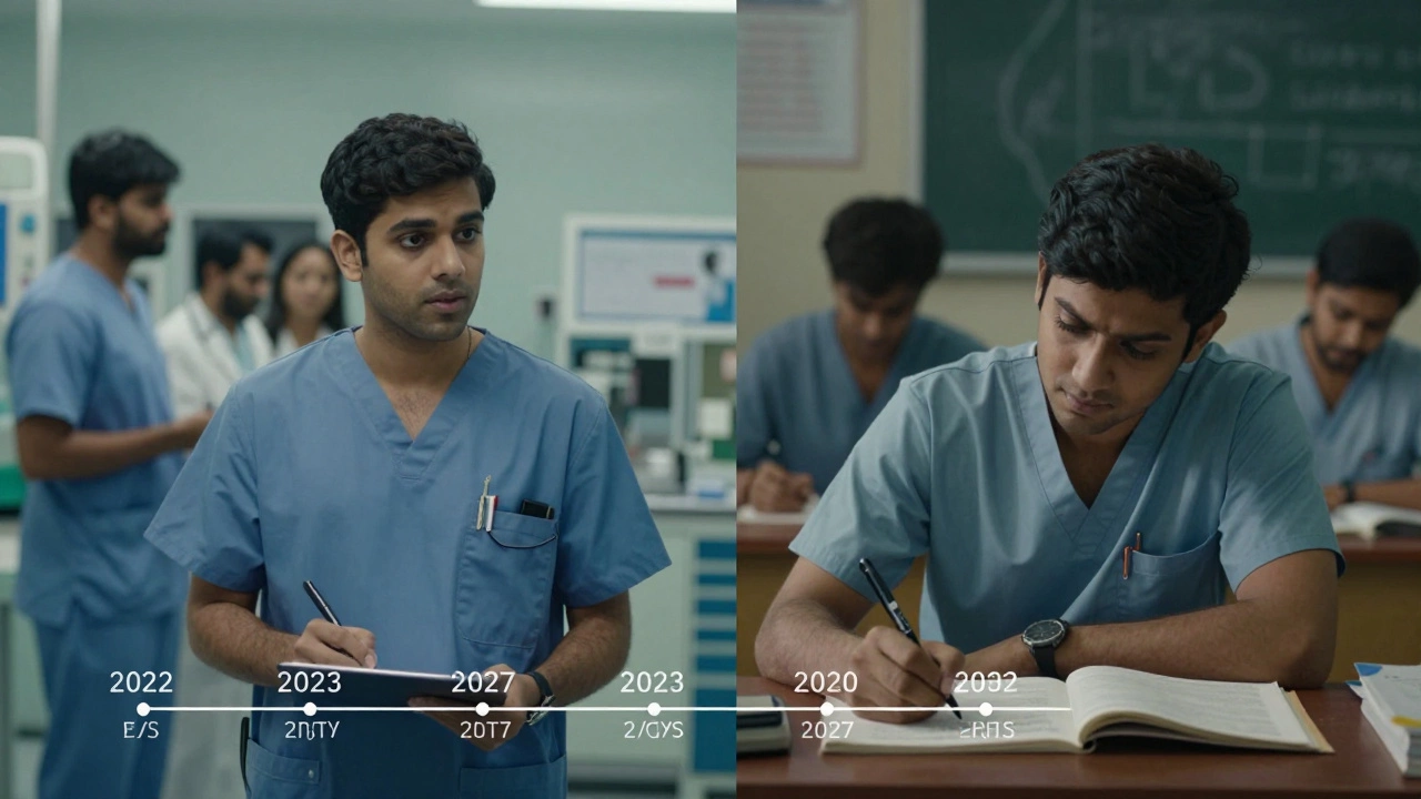 Split image of a doctor in a U.S. ER and the same person studying in an Indian medical school.