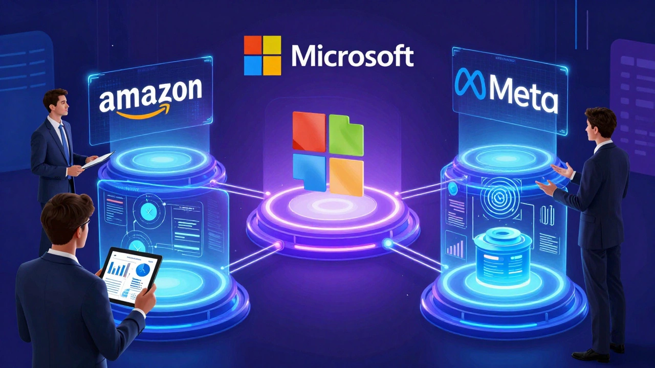 Tech companies Amazon, Microsoft, and Meta as neon-lit hubs where MBAs collaborate with AI interfaces and holograms.