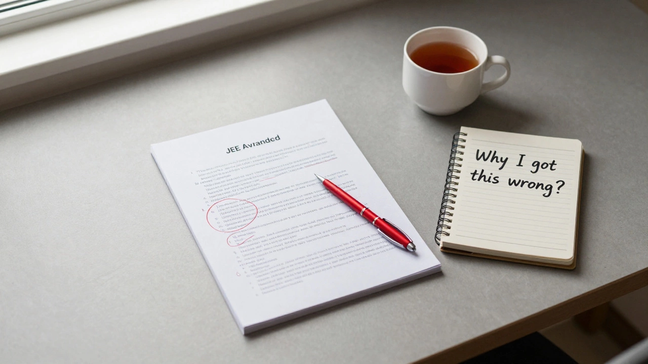 A Class 12 student analyzing a past JEE paper with a mistake journal and tea, under morning light, showing disciplined revision.