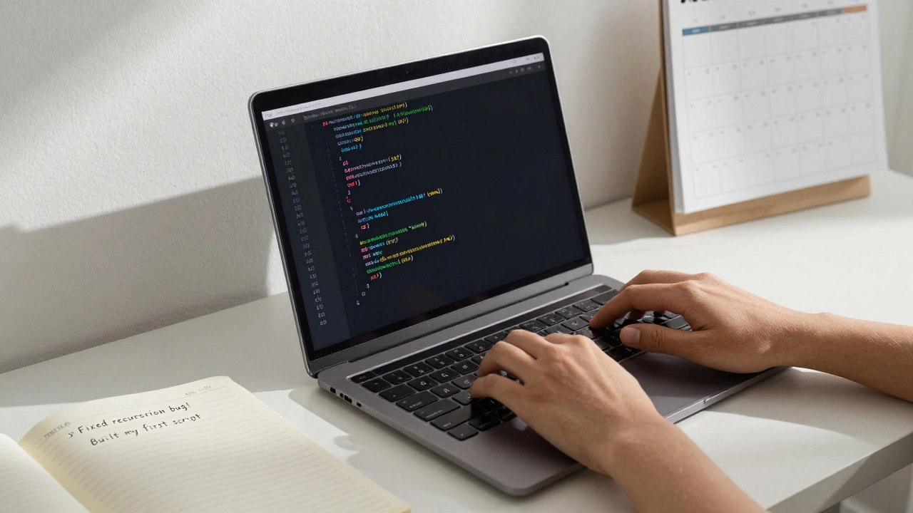 A hand typing code on a keyboard while a journal beside it tracks daily coding progress.