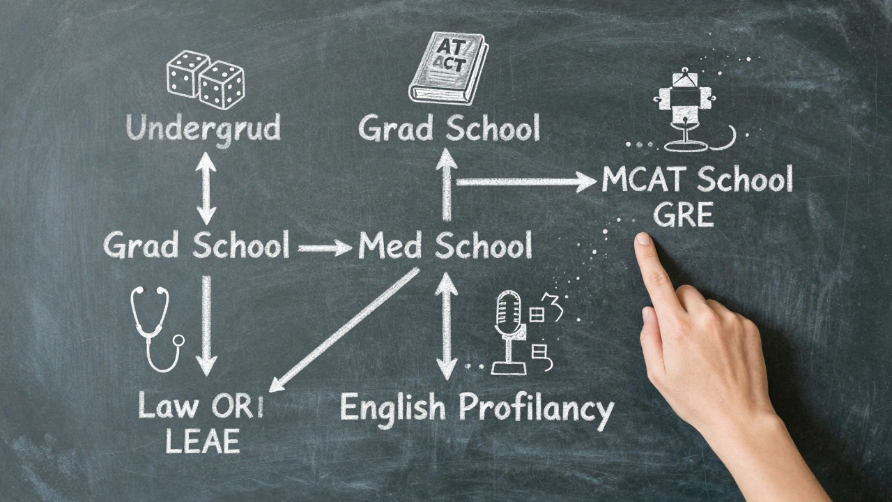Chalkboard roadmap showing test paths for undergrad, grad school, med school, law school, and English proficiency.