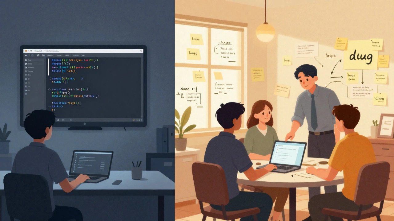 Contrasting scenes: one person copying code alone versus learning with a group and mentor.