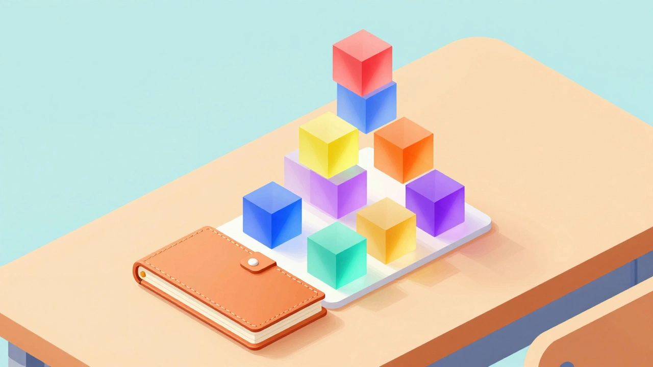 Floating geometric blocks around a notebook forming an organized pyramid structure