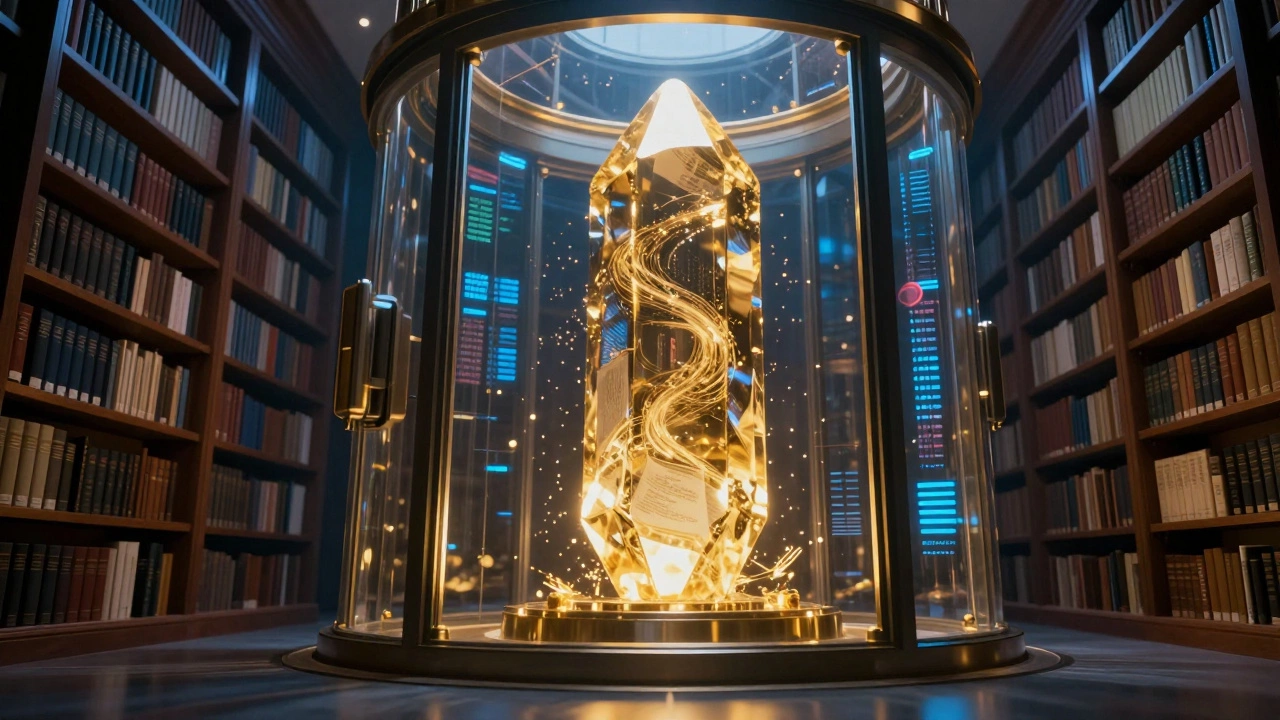 Golden light archive vault preserving records in a quiet library setting