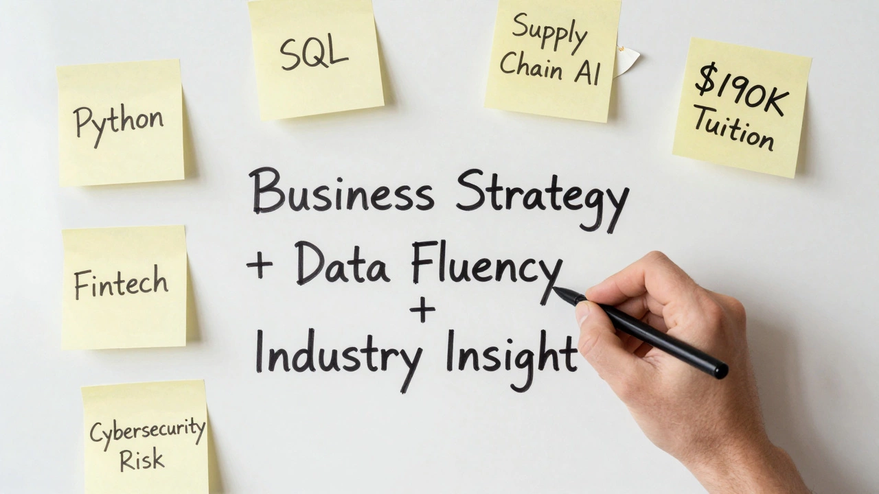 Hand writing 'Business Strategy + Data Fluency + Industry Insight' on whiteboard with skill labels