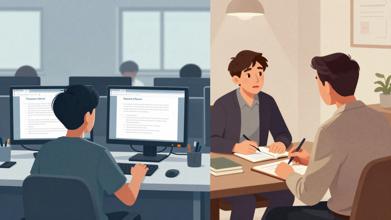 One student taking TOEFL on a computer screen, another speaking face-to-face with an IELTS examiner.