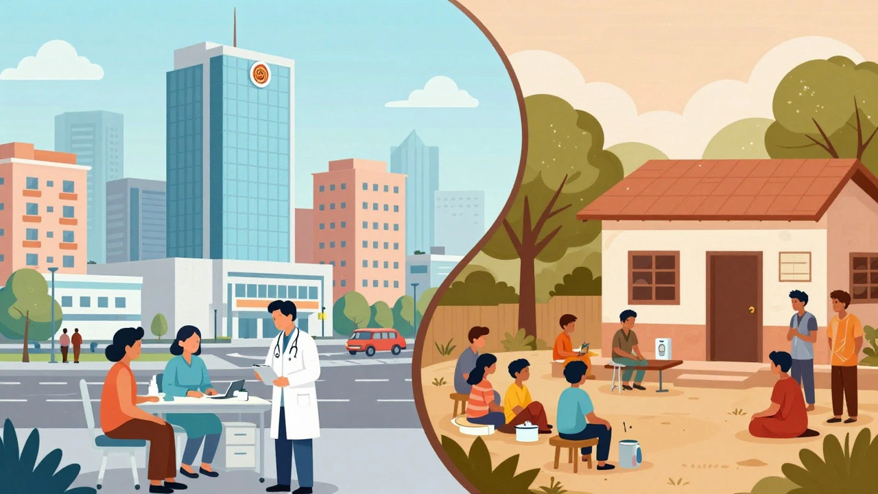 Split view comparing metropolitan and rural medical practice settings in India