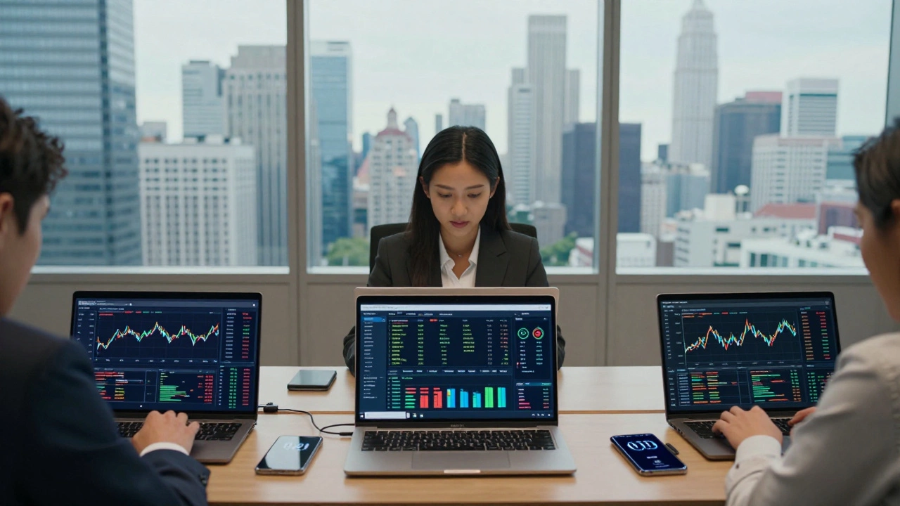 Three remote MBA professionals in different global locations working on fintech dashboards