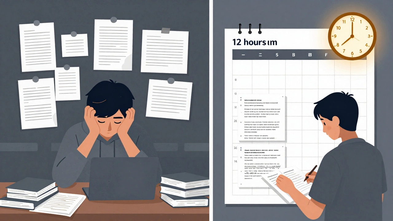 Two contrasting study approaches: chaotic long hours vs. structured focused sessions, symbolizing quality over quantity in JEE prep.